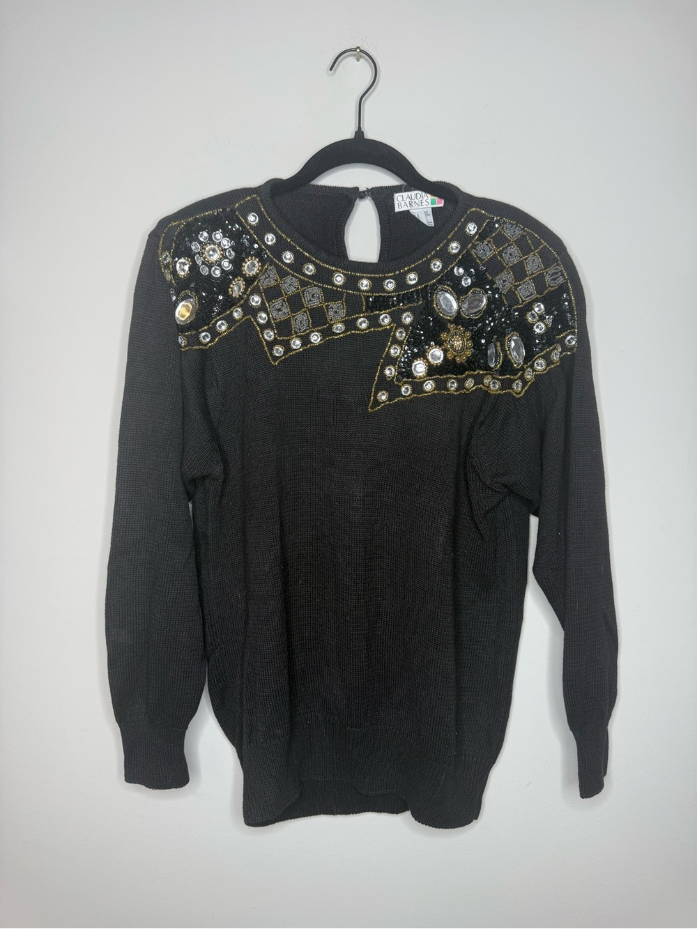 Vintage Claudia Barnes beaded and jeweled black long-sleeve sweater